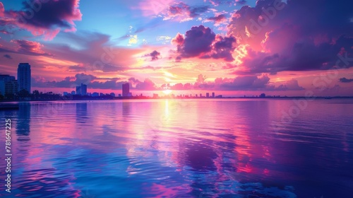 A beautiful sunset over the water with a city in the background, AI