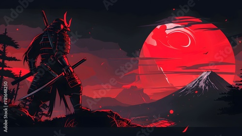 samurai with black and red theme, on the background, dark mountain and moon photo