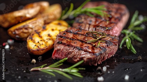 A close up of a steak and potatoes on the table, AI