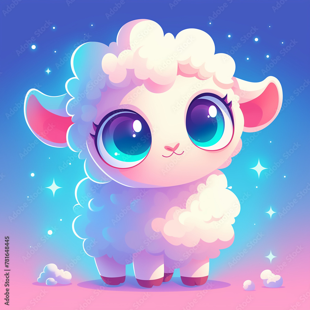 Fantasy Cartoon Sheep with Stars, Dreamy Sky Background