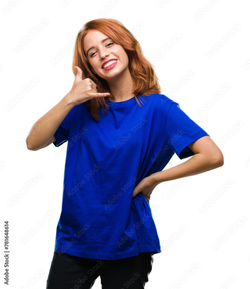Young beautiful woman over isolated background smiling doing phone gesture with hand and fingers like talking on the telephone. Communicating concepts. Young beautiful woman over isolated background smiling doing phone gesture with hand and fingers like talking on the telephone. Communicating concepts.