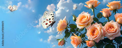 delicate peach-colored roses and bright apollo butterflies against the blue s...