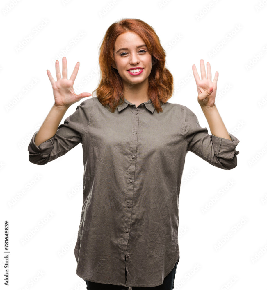 Young beautiful woman over isolated background showing and pointing up with fingers number nine while smiling confident and happy. Young beautiful woman over isolated background showing and pointing up with fingers number nine while smiling confident and happy.