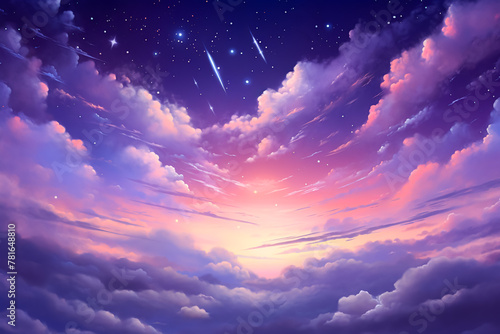Beautiful pastel-colored, purple night sky and cloud illustration. Mysterious starry sky and nebulae. Vivid colors, dreamy cloudscape. Heavenly, zenith, creative, animated style.