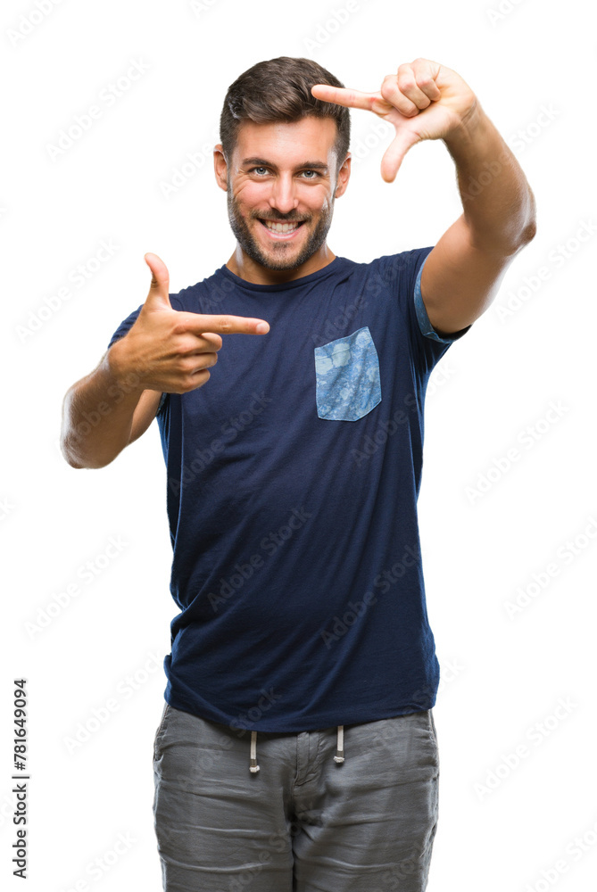 Young handsome man over isolated background smiling making frame with hands and fingers with happy face. Creativity and photography concept. Young handsome man over isolated background smiling making frame with hands and fingers with happy face. Creativity and photography concept.