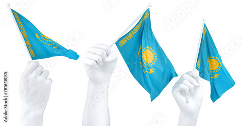 Hands waving Kazakhstan flags isolated on white