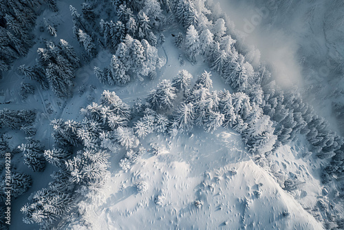 Top-Down Drone Shot of Snowy Pine Forest photo