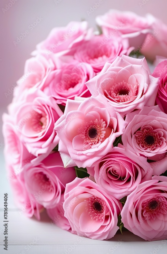 arrangement of pink roses and gerberas on white wooden surface. concepts: romantic occasions, Valentin's day, wedding invitation, beauty and spa promotion, thank-you card, greeting card, mother's day arrangement of pink roses and gerberas on white wooden surface. concepts: romantic occasions, Valentin's day, wedding invitation, beauty and spa promotion, thank-you card, greeting card, mother's day