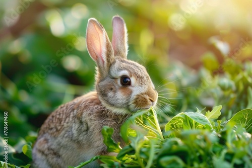 Rabbit nibbling on garden greens, soft-focus background, golden hour, eye-level, peaceful moment.