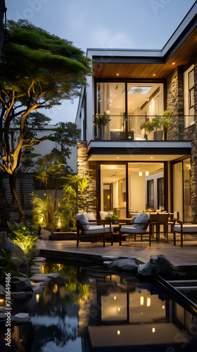 This image features the exterior of a modern two-story home at twilight, showcasing its warm interior lighting, lush garden landscaping, and tranquil reflecting pond - Generative AI