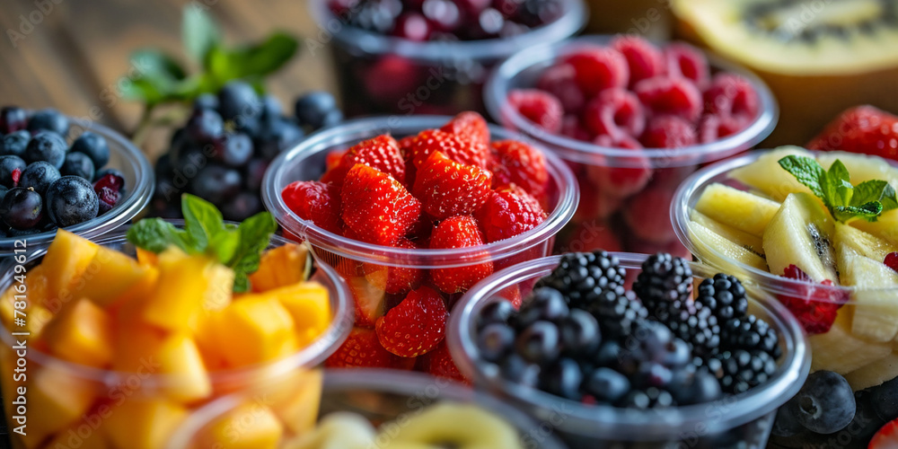 Fruit assortments in individual cups, strawberries and kiwi featured. Dynamic, nutritious selection, vibrant textures. Fruit assortments in individual cups, strawberries and kiwi featured. Dynamic, nutritious selection, vibrant textures.