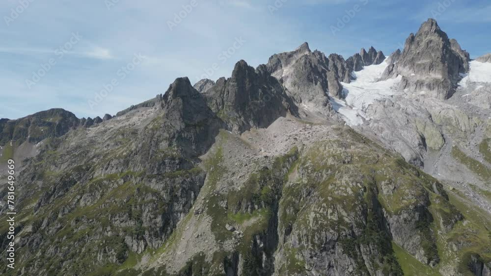 A panning aerial view of the rocky mountain peaks with snow glaciers. A panning aerial view of the rocky mountain peaks with snow glaciers.