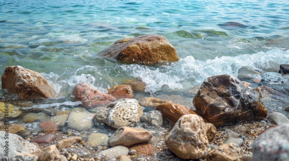 Boat on secluded shore with rocks and water Boat on secluded shore with rocks and water
