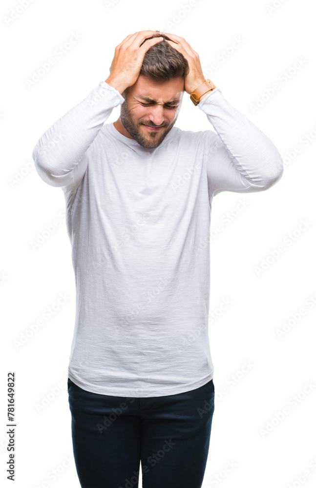 Young handsome man over isolated background suffering from headache desperate and stressed because pain and migraine. Hands on head. Young handsome man over isolated background suffering from headache desperate and stressed because pain and migraine. Hands on head.
