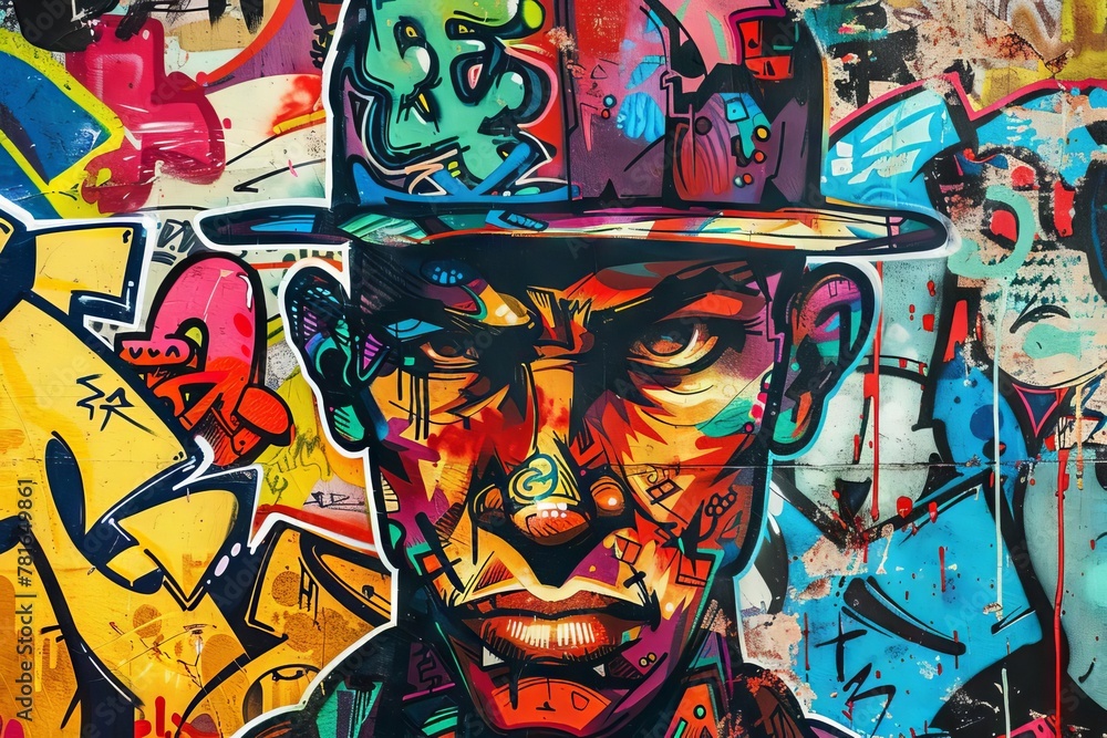 Collage of colorful graffiti elements, urban street art mixed media illustration with tough man character