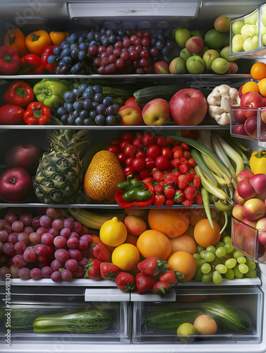photo of a modern refrigerator full of fruits and vegetables, an abundance of fruits, berries and sheep, food in the refrigerator