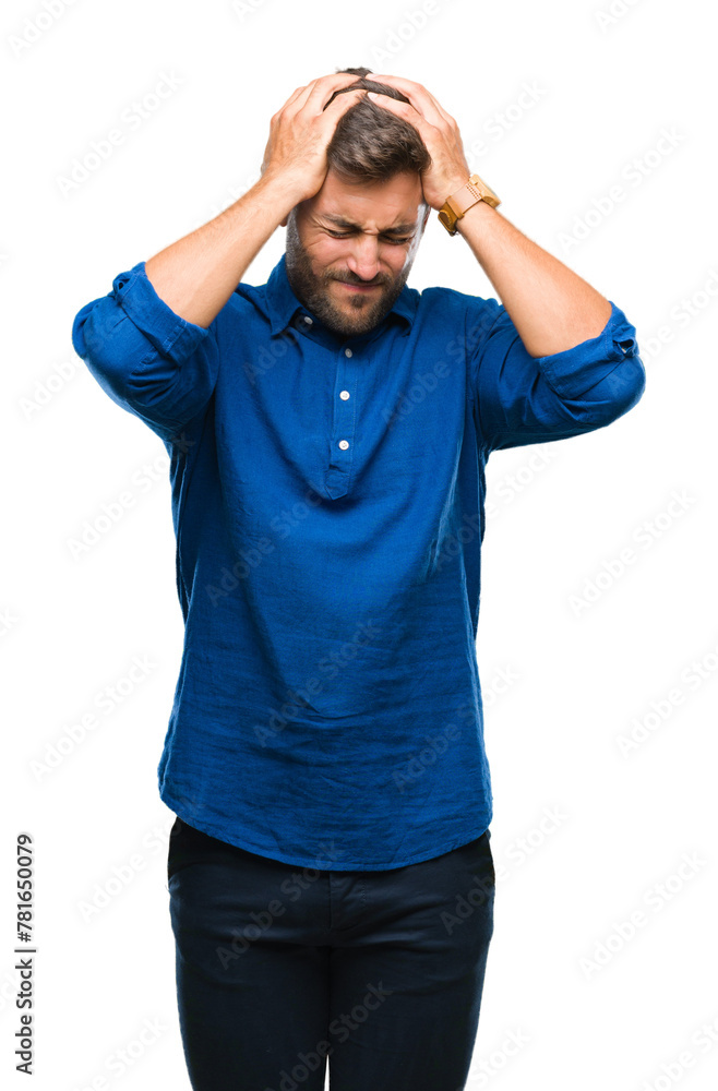 Young handsome man over isolated background suffering from headache desperate and stressed because pain and migraine. Hands on head. Young handsome man over isolated background suffering from headache desperate and stressed because pain and migraine. Hands on head.