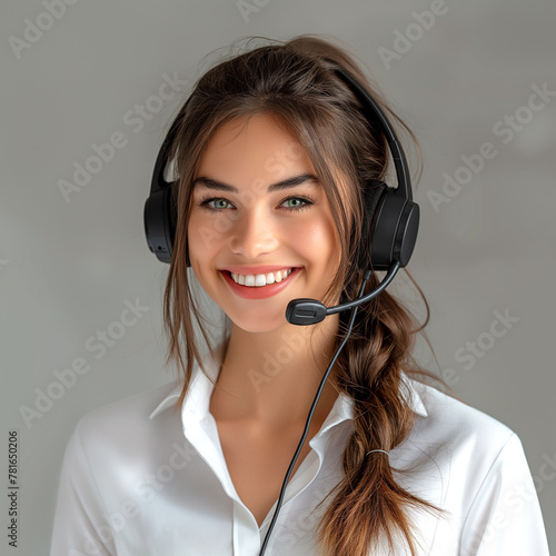 A woman wearing a headset and smiling