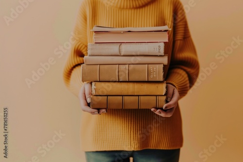 Intellectual Journey: Woman Holds Books, Portraying Education, Science, Knowledge, and the Love of Reading