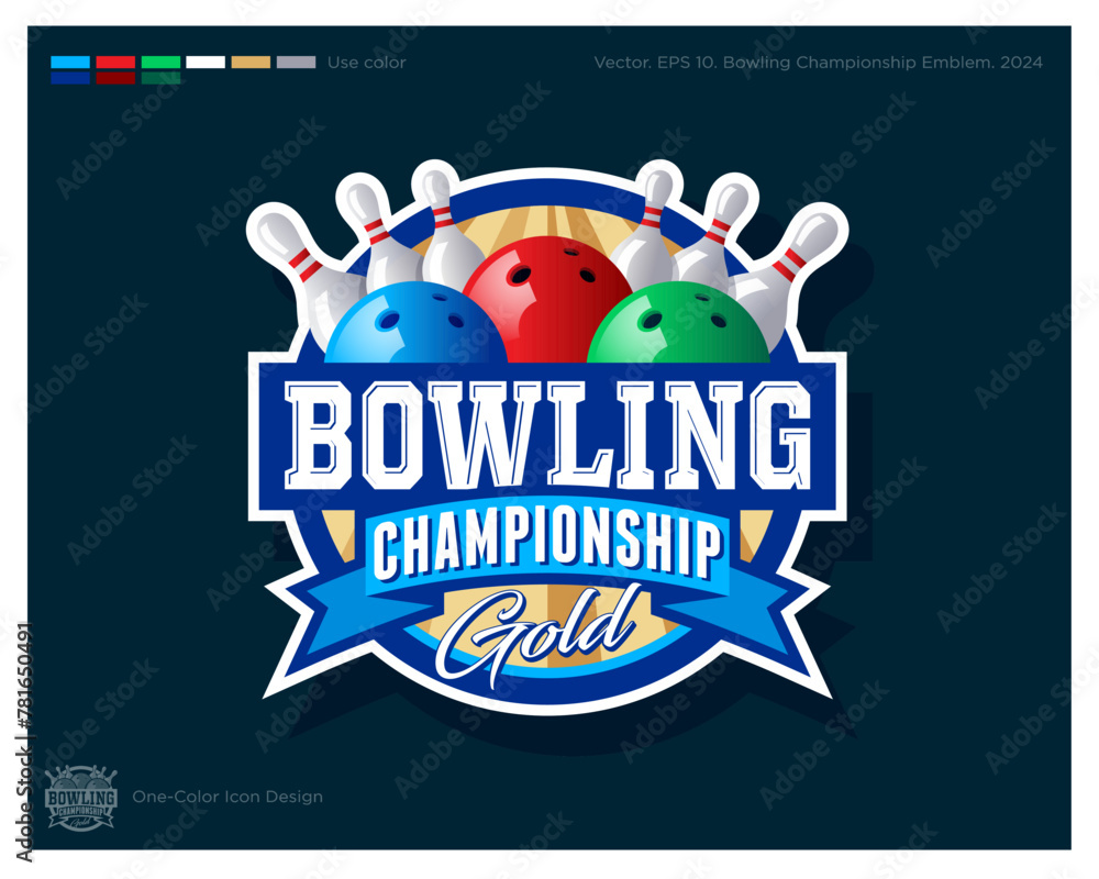 Naklejka premium Bowling Championship logo. Bowling emblem. Bowling balls and skittles in the circle with ribbon. Identity and app icon.