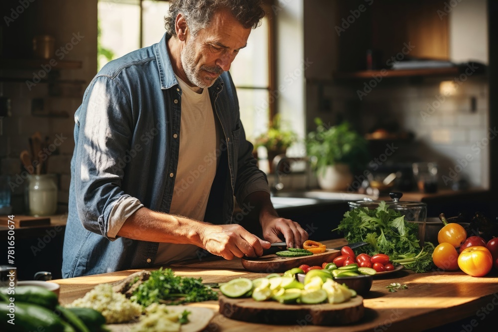 Mature Man Preparing Vegetarian Meal in Sunny Kitchen