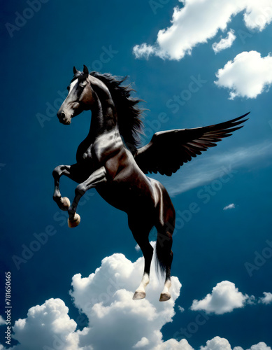 Image of the magnificent Greek mythological divine winged horse named Pegasus flying in the clouds