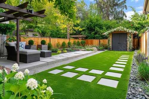 Backyard garden design with artificial grass, paved patio, plants, fences, and wooden shed
