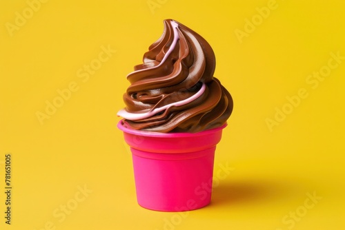 Delectable chocolate swirl ice cream in a vibrant pink cone on a solid yellow backdrop,