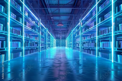 Futuristic digital warehouse interior with electronic grids and barcode scanner, 3D illustration