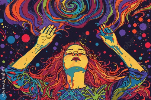Hippie woman in ecstatic trance, psychedelic illustration of intense spiritual awakening and divine grace
