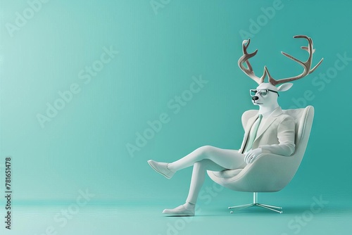 Hipster reindeer businessman relaxing in armchair, trendy pastel teal background, 3D render