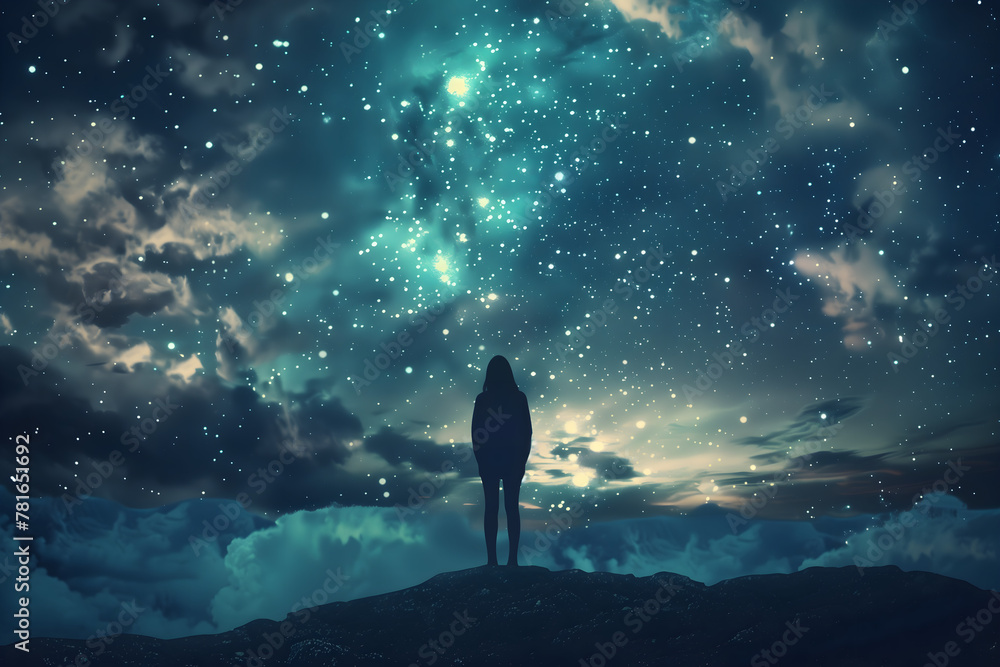 A person standing on the horizon, gazing at the stars in the sky A person standing on the horizon, gazing at the stars in the sky