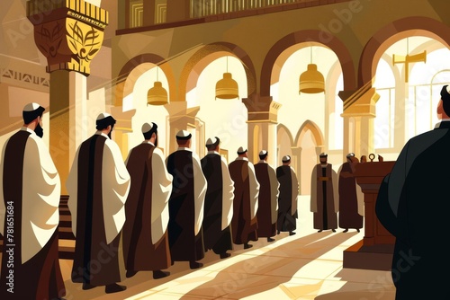 Jewish priests worshipping in Jerusalem synagogue, vector illustration photo