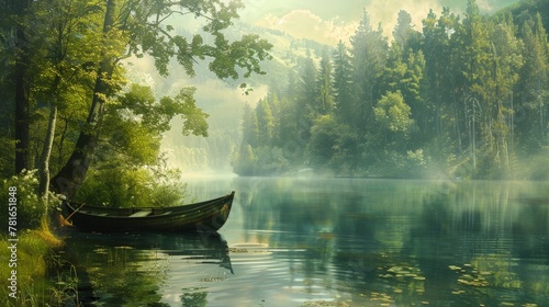 Boat on water surrounded by forest