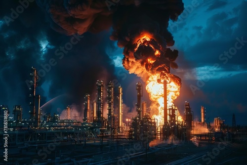 Major industrial oil refinery fire with powerful explosion and black smoke cloud, disaster scene photo