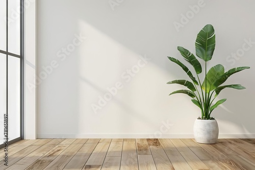 Minimalist White Wall Mockup with Plant and Wood Floor, Interior Design Concept, 3D Rendering