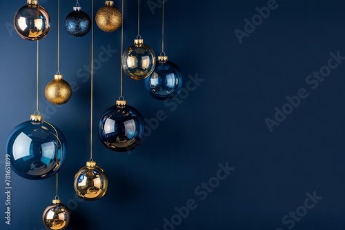 Minimalistic Christmas and New Year background with golden and blue glass balls hanging on navy blue backdrop