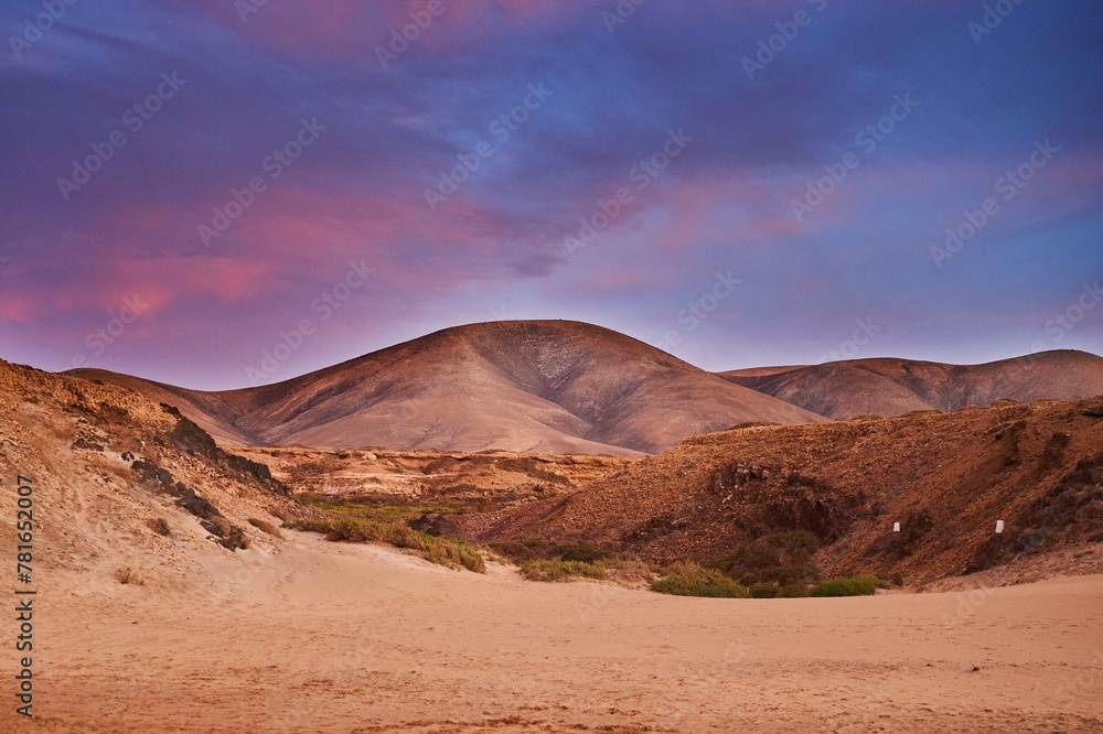 Barren landscape near Tindaya at sunset, Fuerteventura, Canary Islands, Spain, Europe Barren landscape near Tindaya at sunset, Fuerteventura, Canary Islands, Spain, Europe