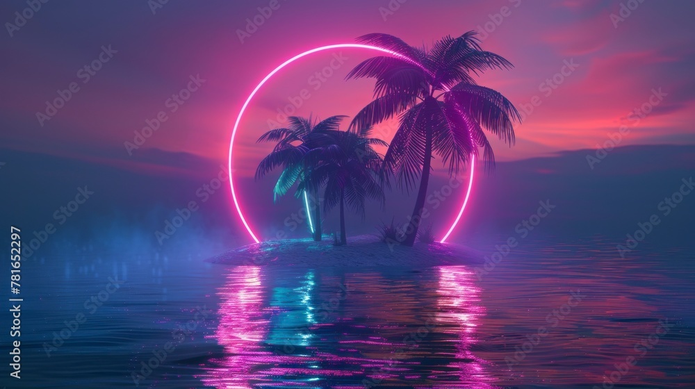 beautiful island with a retro style neon circle with a big lake and a sunset