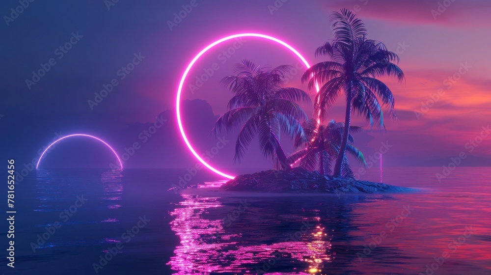 beautiful island with a retro style neon circle with a large lake and a sunset in high resolution and high quality