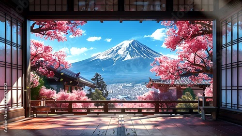 Living room of an old Japanese house with fuji mountain and cherry blossom. Seamless looping 4k time-lapse video animation background photo