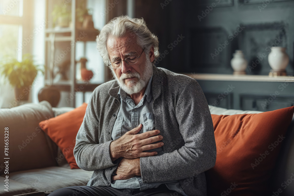 Senior Man Gripping Chest in Pain at Home Senior Man Gripping Chest in Pain at Home