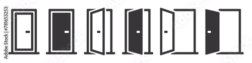 Set of doors icons. Opened and closed door silhouette. Interior or office doors. Vector.