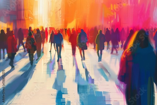 Crowded public place with blurred motion of people walking, urban city life abstract illustration
