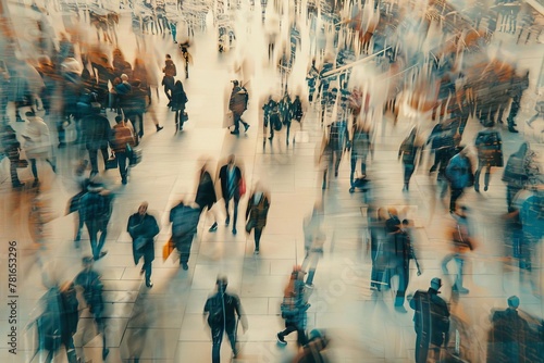 Crowded public place with blurred motion of people walking, urban city life abstract illustration photo