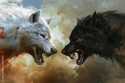 Dramatic Face-Off Between White and Black Wolves, Fantasy Illustration of Good vs Evil Duel