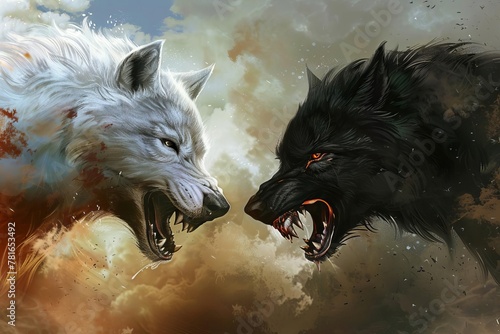 Dramatic Face-Off Between White and Black Wolves, Fantasy Illustration of Good vs Evil Duel photo