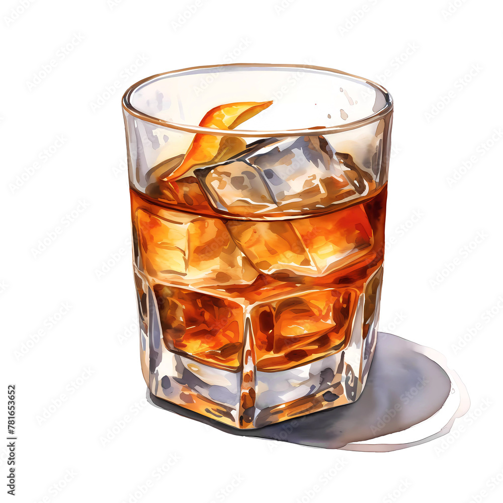 Watercolor illustration of an Old Fashioned cocktail with ice and orange zest - obrazy, fototapety, plakaty 