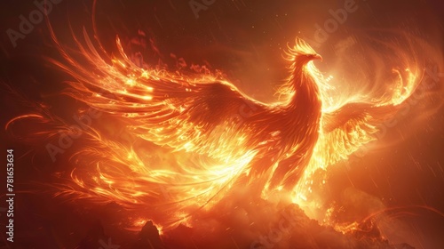Artistic rendition of a fiery phoenix rising, symbolic of rebirth and power, soft tones, fine details, high resolution, high detail, 32K Ultra HD, copyspace © Vodkaz