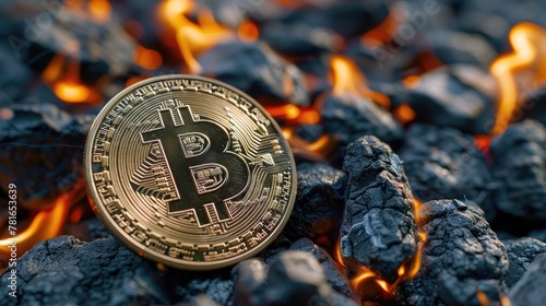 Bitcoin tokens on burning coals representing cryptocurrency risks, soft tones, fine details, high resolution, high detail, 32K Ultra HD, copyspace photo